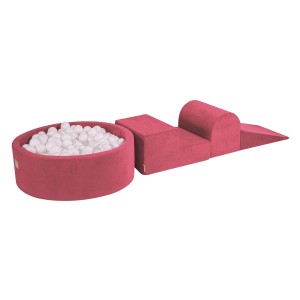 Piankowy Plac Zabaw dla Dzieci | Z Basenem z Kulkami | Malinowa Czerwień | Velvet 200 Piłeczek Białe