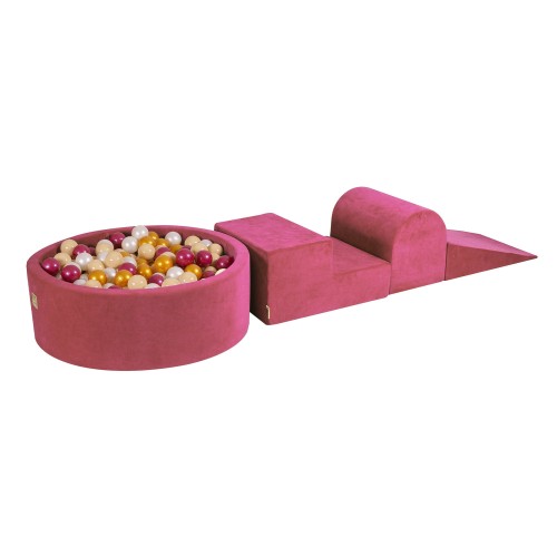 Piankowy Plac Zabaw dla Dzieci | Z Basenem z Kulkami | Malinowa Czerwień | Velvet 200 Piłeczek Złoty/Beżowy/Biała Perła/Perłowobordowe