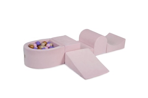 MeowBaby® Piankowy Zestaw do Zabawy z Suchym Basenem 57x45x30cm/100 piłek 7cm, Plac Zabaw dla Dziecka, 5 elementów, Welurowy, Jasnoróżowy: Beżowe/Wrzosowe/Pasteloworóżowe/Złote