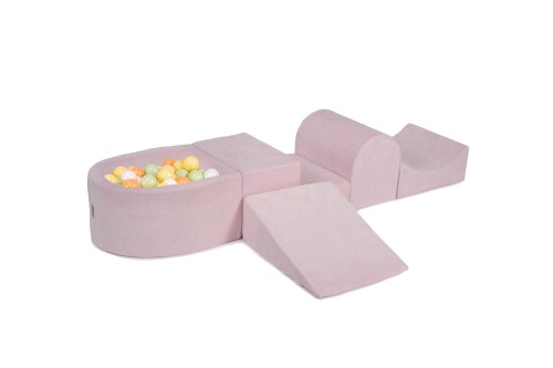 MeowBaby® Piankowy Zestaw do Zabawy z Suchym Basenem 57x45x30cm/100 piłek 7cm, Plac Zabaw dla Dziecka, 5 elementów, Welurowy, Jasnoróżowy: Białe/Brzoskwiniowe/Jasnozielone/Pastelowożółte