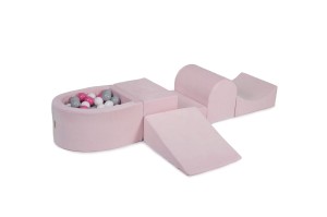MeowBaby® Piankowy Zestaw do Zabawy z Suchym Basenem 57x45x30cm/100 piłek 7cm, Plac Zabaw dla Dziecka, 5 elementów, Welurowy, Jasnoróżowy: Białe/Szare/Jasnoróżowe