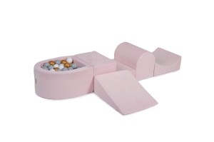 MeowBaby® Piankowy Zestaw do Zabawy z Suchym Basenem 57x45x30cm/100 piłek 7cm, Plac Zabaw dla Dziecka, 5 elementów, Welurowy, Jasnoróżowy: Białe/Szare/Złote