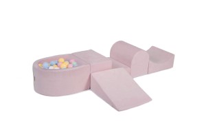 MeowBaby® Piankowy Zestaw do Zabawy z Suchym Basenem 57x45x30cm/100 piłek 7cm, Plac Zabaw dla Dziecka, 5 elementów, Welurowy, Jasnoróżowy: Błękitne/Białe/Miętowe/Pasteloworóżowe/Pastelowożółte