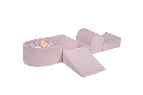 MeowBaby® Piankowy Zestaw do Zabawy z Suchym Basenem 57x45x30cm/100 piłek 7cm, Plac Zabaw dla Dziecka, 5 elementów, Welurowy, Jasnoróżowy: Błękitne/Białe/Miętowe/Pasteloworóżowe/Pastelowożółte