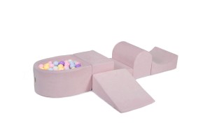 MeowBaby® Piankowy Zestaw do Zabawy z Suchym Basenem 57x45x30cm/100 piłek 7cm, Plac Zabaw dla Dziecka, 5 elementów, Welurowy, Jasnoróżowy: Błękitne/Miętowe/Pasteloworóżowe/Pastelowożółte/Wrzosowe