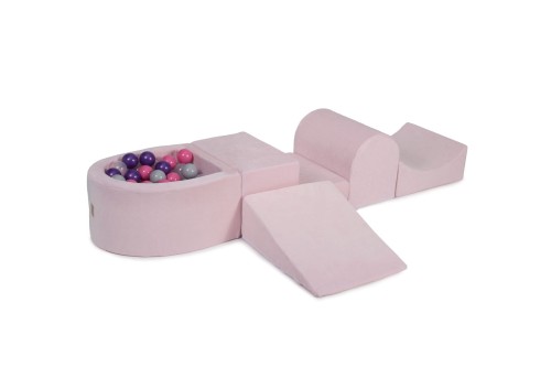MeowBaby® Piankowy Zestaw do Zabawy z Suchym Basenem 57x45x30cm/100 piłek 7cm, Plac Zabaw dla Dziecka, 5 elementów, Welurowy, Jasnoróżowy: Fioletowe/Jasnoróżowe/Szare/Transparentne