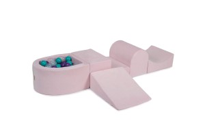 MeowBaby® Piankowy Zestaw do Zabawy z Suchym Basenem 57x45x30cm/100 piłek 7cm, Plac Zabaw dla Dziecka, 5 elementów, Welurowy, Jasnoróżowy: Fioletowe/Transparentne/Turkusowe