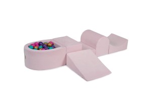 MeowBaby® Piankowy Zestaw do Zabawy z Suchym Basenem 57x45x30cm/100 piłek 7cm, Plac Zabaw dla Dziecka, 5 elementów, Welurowy, Jasnoróżowy: Fioletowe/Złote/Ciemnoróżowe/Turkusowe