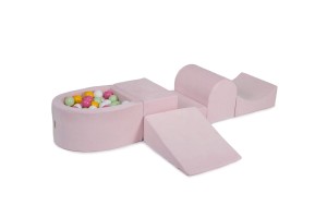 MeowBaby® Piankowy Zestaw do Zabawy z Suchym Basenem 57x45x30cm/100 piłek 7cm, Plac Zabaw dla Dziecka, 5 elementów, Welurowy, Jasnoróżowy: Jasnozielone/Jasnoróżowe/Białe/Żółte