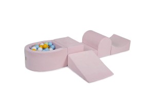 MeowBaby® Piankowy Zestaw do Zabawy z Suchym Basenem 57x45x30cm/100 piłek 7cm, Plac Zabaw dla Dziecka, 5 elementów, Welurowy, Jasnoróżowy: Jasnozielony/Błękitne/Białe/Żółte