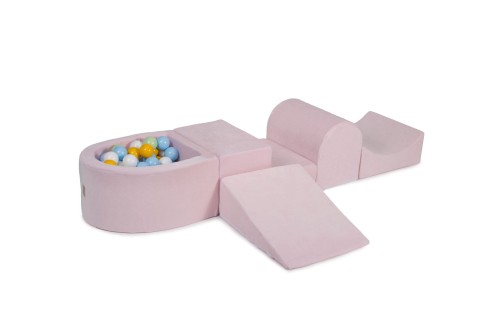 MeowBaby® Piankowy Zestaw do Zabawy z Suchym Basenem 57x45x30cm/100 piłek 7cm, Plac Zabaw dla Dziecka, 5 elementów, Welurowy, Jasnoróżowy: Jasnozielony/Błękitne/Białe/Żółte