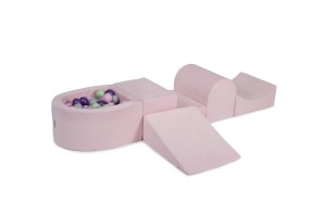 MeowBaby® Piankowy Zestaw do Zabawy z Suchym Basenem 57x45x30cm/100 piłek 7cm, Plac Zabaw dla Dziecka, 5 elementów, Welurowy, Jasnoróżowy: Jasnozielony/Fioletowe/Szare/Pasteloworóżowe