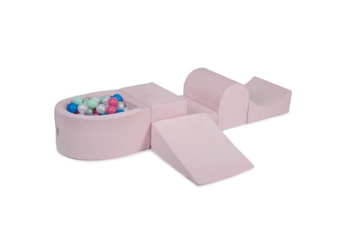 MeowBaby® Piankowy Zestaw do Zabawy z Suchym Basenem 57x45x30cm/100 piłek 7cm, Plac Zabaw dla Dziecka, 5 elementów, Welurowy, Jasnoróżowy: Miętowe/Jasnoróżowe/Niebieskie/Perłowobiałe