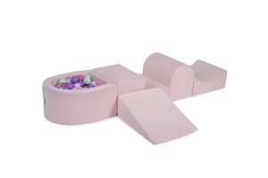 MeowBaby® Piankowy Zestaw do Zabawy z Suchym Basenem 57x45x30cm/100 piłek 7cm, Plac Zabaw dla Dziecka, 5 elementów, Welurowy, Jasnoróżowy: Pastelororóżowe/Jasnoróżowe/Miętowe/Wrzosowe
