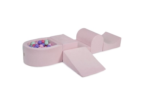 MeowBaby® Piankowy Zestaw do Zabawy z Suchym Basenem 57x45x30cm/100 piłek 7cm, Plac Zabaw dla Dziecka, 5 elementów, Welurowy, Jasnoróżowy: Pastelororóżowe/Jasnoróżowe/Miętowe/Wrzosowe