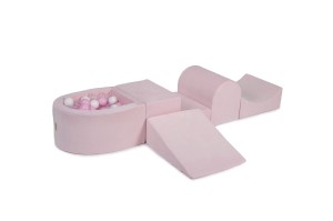 MeowBaby® Piankowy Zestaw do Zabawy z Suchym Basenem 57x45x30cm/100 piłek 7cm, Plac Zabaw dla Dziecka, 5 elementów, Welurowy, Jasnoróżowy: Pasteloworóżowe/Transparentne/Białe
