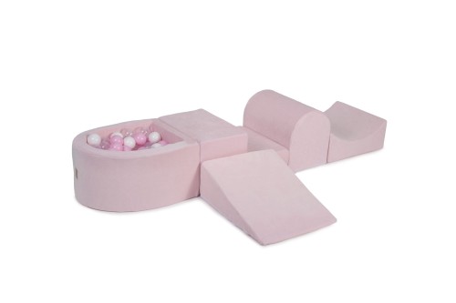 MeowBaby® Piankowy Zestaw do Zabawy z Suchym Basenem 57x45x30cm/100 piłek 7cm, Plac Zabaw dla Dziecka, 5 elementów, Welurowy, Jasnoróżowy: Pasteloworóżowe/Transparentne/Białe