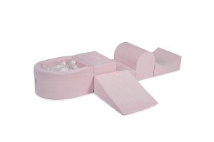 MeowBaby® Piankowy Zestaw do Zabawy z Suchym Basenem 57x45x30cm/100 piłek 7cm, Plac Zabaw dla Dziecka, 5 elementów, Welurowy, Jasnoróżowy: Perłowbiałe/Białe/Transparentne