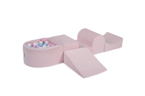 MeowBaby® Piankowy Zestaw do Zabawy z Suchym Basenem 57x45x30cm/100 piłek 7cm, Plac Zabaw dla Dziecka, 5 elementów, Welurowy, Jasnoróżowy: Perłowobiałe/Białe/Błękitne/Pasteloworóżowe