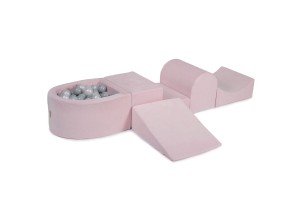 MeowBaby® Piankowy Zestaw do Zabawy z Suchym Basenem 57x45x30cm/100 piłek 7cm, Plac Zabaw dla Dziecka, 5 elementów, Welurowy, Jasnoróżowy: Perłowobiałe/Szare