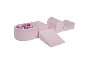 MeowBaby® Piankowy Zestaw do Zabawy z Suchym Basenem 57x45x30cm/100 piłek 7cm, Plac Zabaw dla Dziecka, 5 elementów, Welurowy, Jasnoróżowy: Perłowobiałe/Szare/Ciemnoróżowe