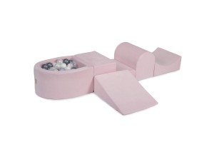 MeowBaby® Piankowy Zestaw do Zabawy z Suchym Basenem 57x45x30cm/100 piłek 7cm, Plac Zabaw dla Dziecka, 5 elementów, Welurowy, Jasnoróżowy: Srebrne/Białe/Perłowobiałe/Transparentne