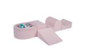 MeowBaby® Piankowy Zestaw do Zabawy z Suchym Basenem 57x45x30cm/100 piłek 7cm, Plac Zabaw dla Dziecka, 5 elementów, Welurowy, Jasnoróżowy: Szare/Białe/Turkusowe
