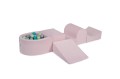 MeowBaby® Piankowy Zestaw do Zabawy z Suchym Basenem 57x45x30cm/100 piłek 7cm, Plac Zabaw dla Dziecka, 5 elementów, Welurowy, Jasnoróżowy: Szare/Jasnozielone/Transparentne/Turkusowe