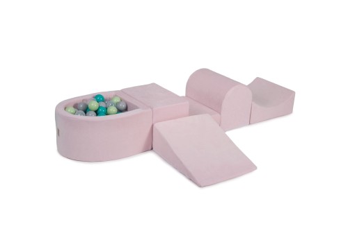 MeowBaby® Piankowy Zestaw do Zabawy z Suchym Basenem 57x45x30cm/100 piłek 7cm, Plac Zabaw dla Dziecka, 5 elementów, Welurowy, Jasnoróżowy: Szare/Jasnozielone/Transparentne/Turkusowe