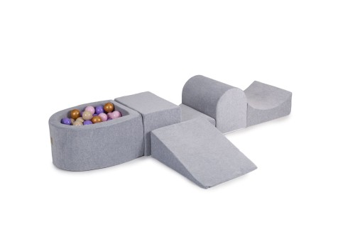 MeowBaby® Piankowy Zestaw do Zabawy z Suchym Basenem 57x45x30cm/100 piłek 7cm, Plac Zabaw dla Dziecka, 5 elementów, Welurowy, Jasnoszary: Beżowe/Złote/Pasteloworóżowe/Wrzosowe