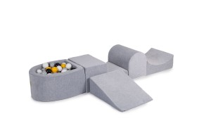 MeowBaby® Piankowy Zestaw do Zabawy z Suchym Basenem 57x45x30cm/100 piłek 7cm, Plac Zabaw dla Dziecka, 5 elementów, Welurowy, Jasnoszary: Białe/Szare/Czarne/Żółte