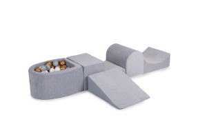 MeowBaby® Piankowy Zestaw do Zabawy z Suchym Basenem 57x45x30cm/100 piłek 7cm, Plac Zabaw dla Dziecka, 5 elementów, Welurowy, Jasnoszary: Białe/Szare/Złote