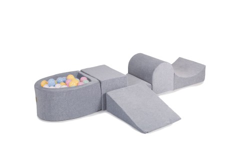 MeowBaby® Piankowy Zestaw do Zabawy z Suchym Basenem 57x45x30cm/100 piłek 7cm, Plac Zabaw dla Dziecka, 5 elementów, Welurowy, Jasnoszary: Błękitne/Białe/Miętowe/Pasteloworóżowe/Pastelowożółte