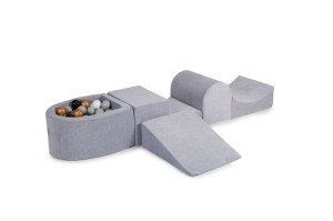 MeowBaby® Piankowy Zestaw do Zabawy z Suchym Basenem 57x45x30cm/100 piłek 7cm, Plac Zabaw dla Dziecka, 5 elementów, Welurowy, Jasnoszary: Czarne/Złote/Białe/Szare