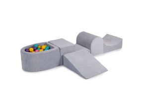 MeowBaby® Piankowy Zestaw do Zabawy z Suchym Basenem 57x45x30cm/100 piłek 7cm, Plac Zabaw dla Dziecka, 5 elementów, Welurowy, Jasnoszary: Fioletowe/Jasnoróżowe/Żółte/Turkusowe