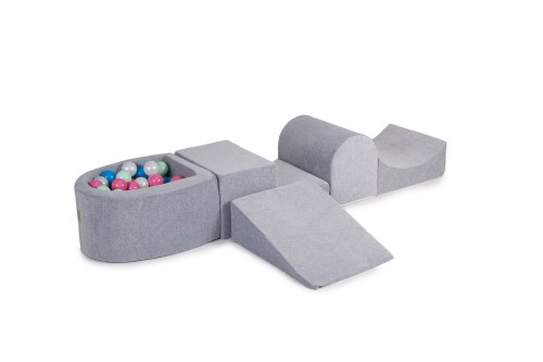 MeowBaby® Piankowy Zestaw do Zabawy z Suchym Basenem 57x45x30cm/100 piłek 7cm, Plac Zabaw dla Dziecka, 5 elementów, Welurowy, Jasnoszary: Jasnoróżowe/Niebieskie/Perłowobiałe/Miętowe