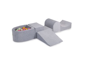 MeowBaby® Piankowy Zestaw do Zabawy z Suchym Basenem 57x45x30cm/100 piłek 7cm, Plac Zabaw dla Dziecka, 5 elementów, Welurowy, Jasnoszary: Jasnozielone/Żółte/Białe/Jasnoróżowe