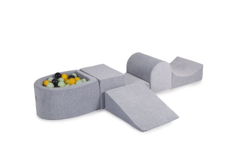 MeowBaby® Piankowy Zestaw do Zabawy z Suchym Basenem 57x45x30cm/100 piłek 7cm, Plac Zabaw dla Dziecka, 5 elementów, Welurowy, Jasnoszary: Jasnozielone/Żółte/Czarne