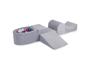 MeowBaby® Piankowy Zestaw do Zabawy z Suchym Basenem 57x45x30cm/100 piłek 7cm, Plac Zabaw dla Dziecka, 5 elementów, Welurowy, Jasnoszary: Niebieskie/Czerwone/Białe