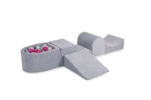 MeowBaby® Piankowy Zestaw do Zabawy z Suchym Basenem 57x45x30cm/100 piłek 7cm, Plac Zabaw dla Dziecka, 5 elementów, Welurowy, Jasnoszary: Perłowobiałe/Szare/Ciemnoróżowe