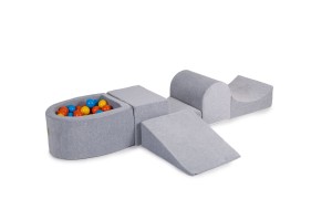 MeowBaby® Piankowy Zestaw do Zabawy z Suchym Basenem 57x45x30cm/100 piłek 7cm, Plac Zabaw dla Dziecka, 5 elementów, Welurowy, Jasnoszary: Pomarańczowe/Żółte/Niebieskie