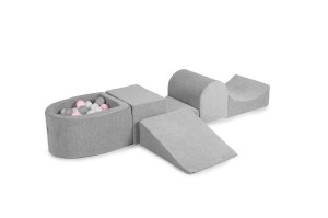 MeowBaby® Piankowy Zestaw do Zabawy z Suchym Basenem 57x45x30cm/100 piłek 7cm, Plac Zabaw dla Dziecka, 5 elementów, Welurowy, Jasnoszary: Szare/Białe/Pasteloworóżowe