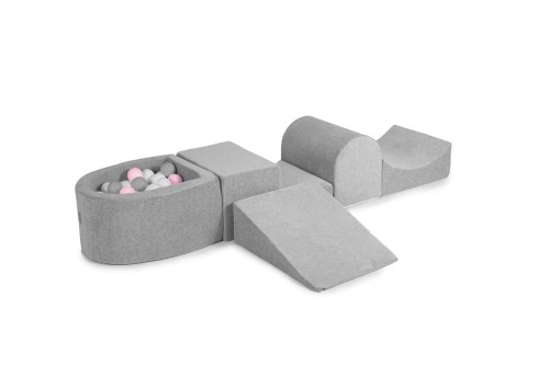 MeowBaby® Piankowy Zestaw do Zabawy z Suchym Basenem 57x45x30cm/100 piłek 7cm, Plac Zabaw dla Dziecka, 5 elementów, Welurowy, Jasnoszary: Szare/Białe/Pasteloworóżowe