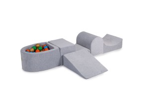 MeowBaby® Piankowy Zestaw do Zabawy z Suchym Basenem 57x45x30cm/100 piłek 7cm, Plac Zabaw dla Dziecka, 5 elementów, Welurowy, Jasnoszary: Złote/Zielone/Pomarańczowe/Niebieskie