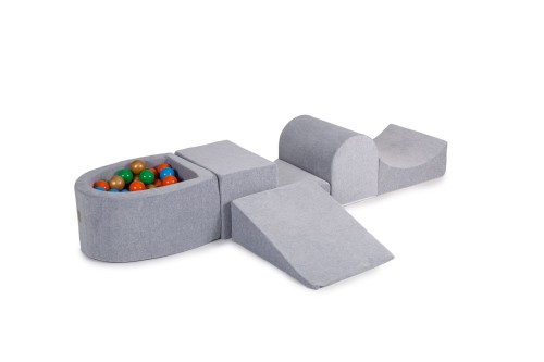 MeowBaby® Piankowy Zestaw do Zabawy z Suchym Basenem 57x45x30cm/100 piłek 7cm, Plac Zabaw dla Dziecka, 5 elementów, Welurowy, Jasnoszary: Złote/Zielone/Pomarańczowe/Niebieskie