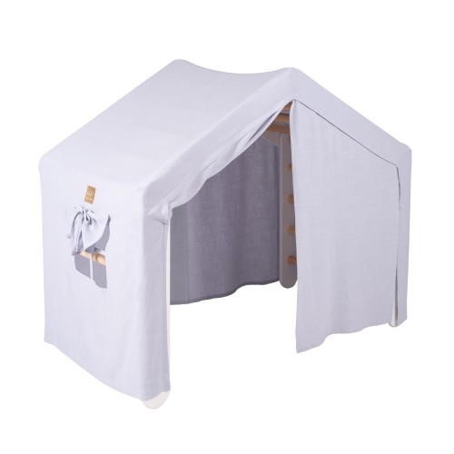 MeowBaby® Duży Domek z drabinką dla dzieci 112x61x94 cm składaną do pokoju. Drewno, Len, Wiskoza, Szaroniebieski Domek, Biała drabinka