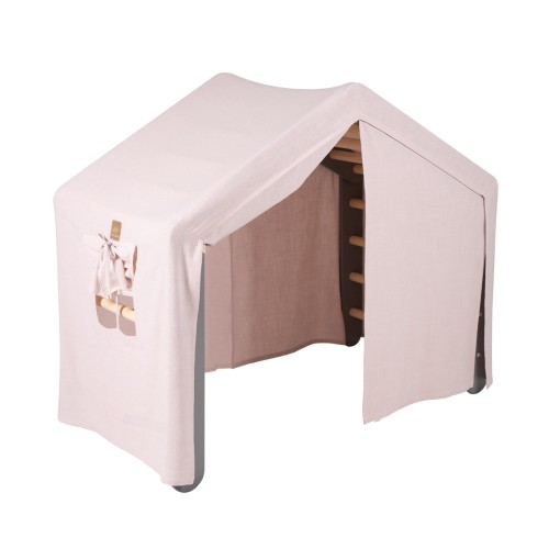 MeowBaby® Duży Domek z drabinką dla dzieci 112x61x94 cm składaną do pokoju. Drewno, Len, Wiskoza, Różowy Domek, Szara drabinka