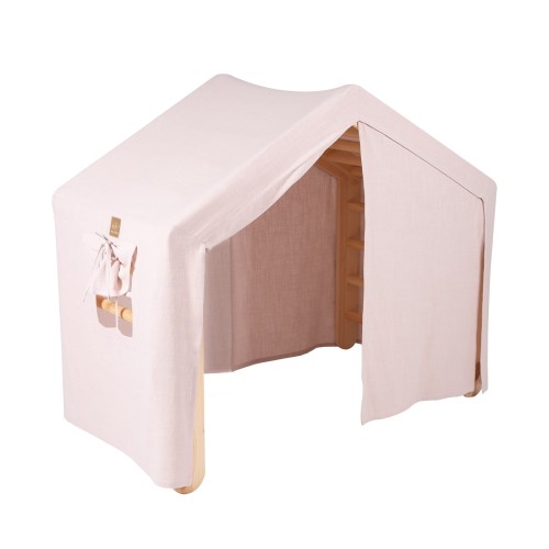 MeowBaby® Duży Domek z drabinką dla dzieci 112x61x94 cm składaną do pokoju. Drewno, Len, Wiskoza, Różowy Domek, Naturalna drabinka