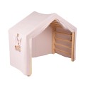 MeowBaby® Duży Domek z drabinką dla dzieci 112x61x94 cm składaną do pokoju. Drewno, Len, Wiskoza, Różowy Domek, Naturalna drabinka