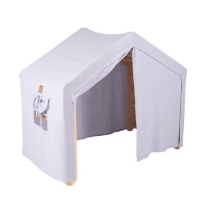 MeowBaby® Duży Domek z drabinką dla dzieci 112x61x94 cm składaną do pokoju. Drewno, Len, Wiskoza, Szaroniebieski Domek, Naturalna drabinka